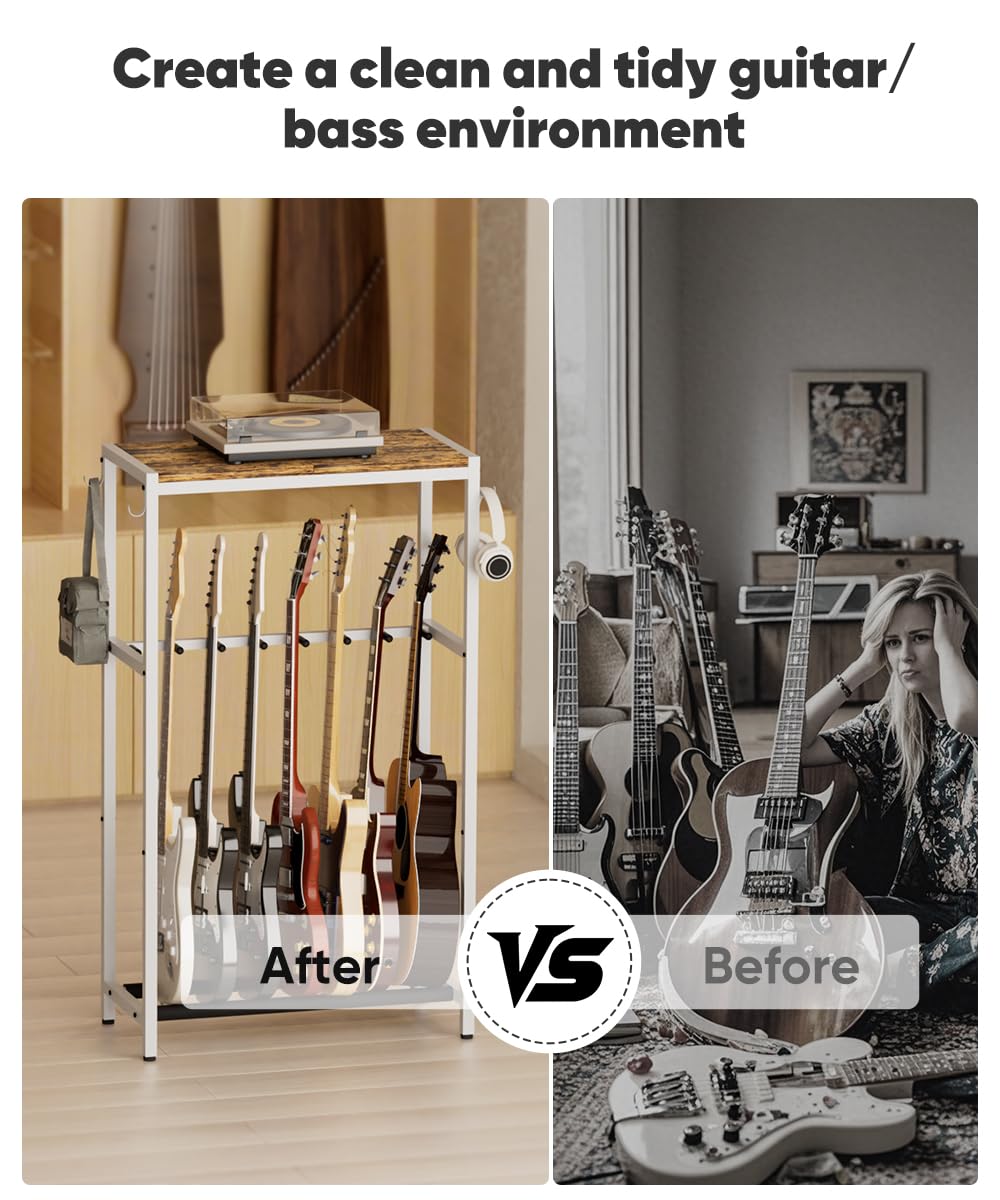 Gitarrenständer, mehrere Gitarrenständer Halter mit oberem Aufbewahrungsregal für Akustik-, E-Gitarre, Bass, Gitarren Display Rack für 7 Saiteninstrumente, für Zuhause, Bühne, Studio