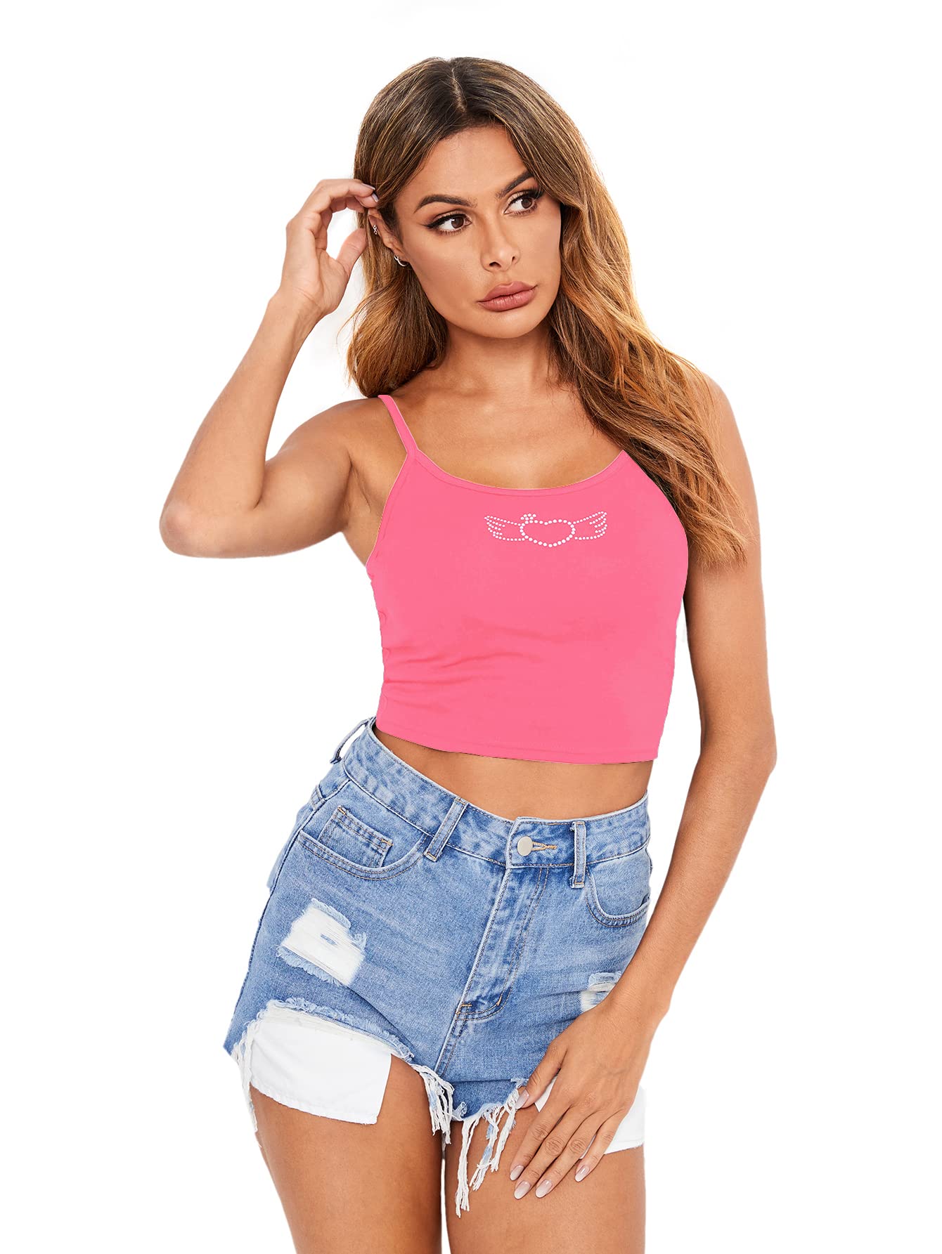 Verdusa Women's Sleeveless y2k Shirt Round Neck Rhinestone Crop Cami Top