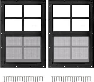 2 Pack 12" x 18" Black Shed Window with Tempered Glass and Fiberglass Screen Household Sliding Windows with Screws for Shed, Chicken Coop, Playhouse, Garage and Barns