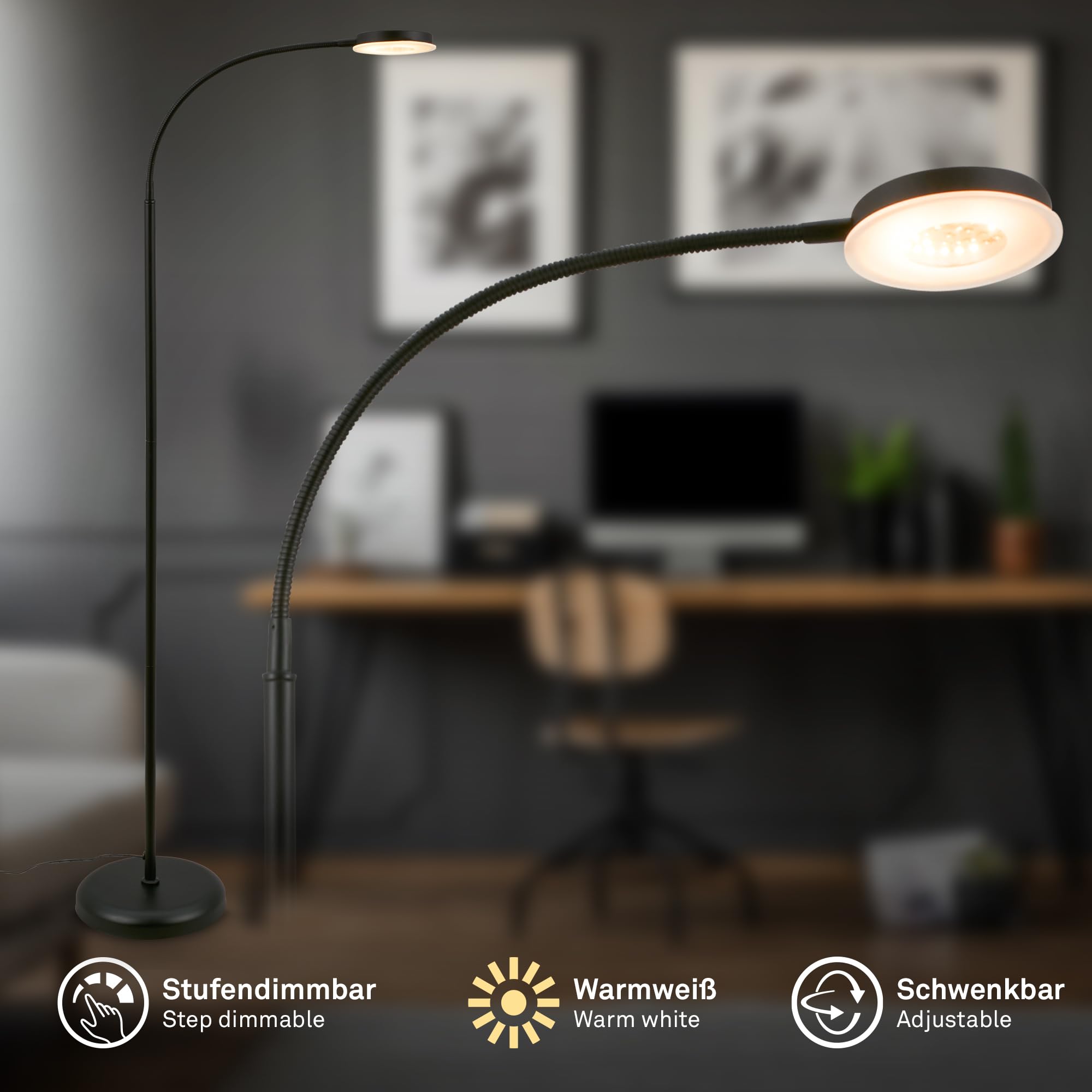 BRILONER – Lampa podłogowa LED dotykowa | Ściemniana, obrotowa, funkcja pamięci | Lampka do czytania, lampa do salonu, dekoracja sypialni, uplighter | 125,5x21x45 cm | Czarny