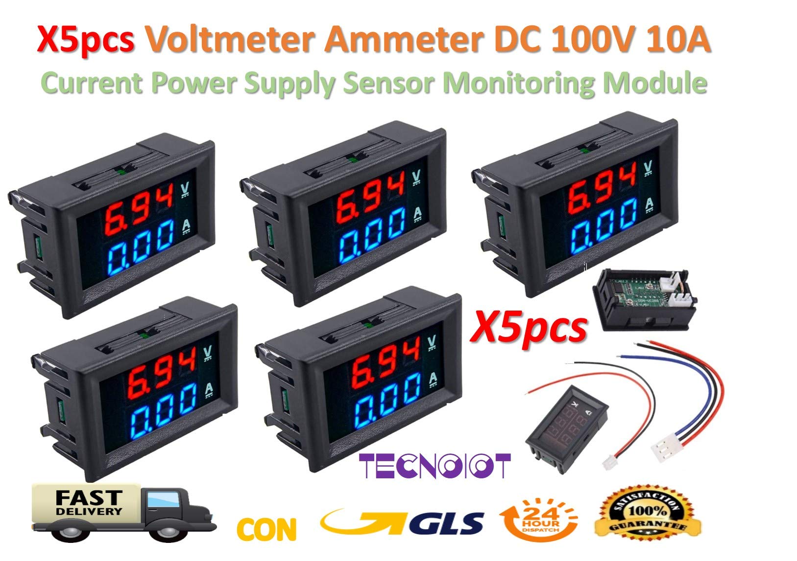 5pcs DC voltmeter ammeter Blue 100V 10A + LED red digital voltmeter double amplifier caliber