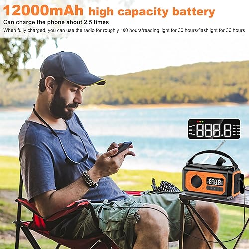 Miniatura 4 de Radio de emergencia de 44400 mWh12000 mAh, radio solar portátil con manivela AMFMNOAA Radio meteorológica con 2 paneles solares, 3 métodos de carga,