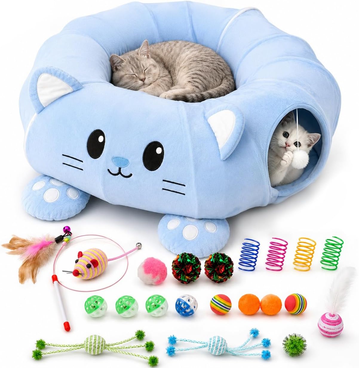 Cat Tunnel Bed with 21 Interactive Toys | Kitten Bed with Collapsible Tunnel for Indoor Cats, Cute Play Tube with Enrichment Toys (Blue, Kitten Pattern)