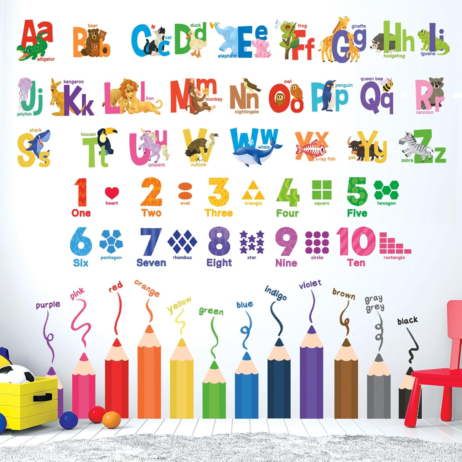DECOWALL SG3-2316 Alphabet Numbers and Colouring Pencils Wall Stickers Decals Classroom Kids playroom Art Play Room Rainbow ABC Decorations Toddler Color Child Preschool Living Baby Girl Baby boy