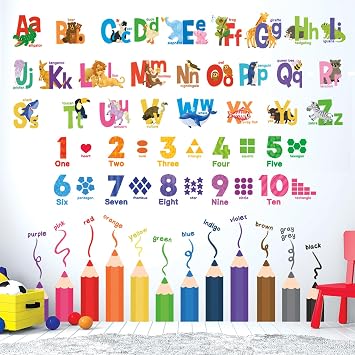 DECOWALL Alphabet Numbers Color Pencils Educational Wall Decals SG3-2316 | Animal ABCs, numbers 110, shapes and colors; peel and stick educational decor for preschool, classroom, daycare and playroom