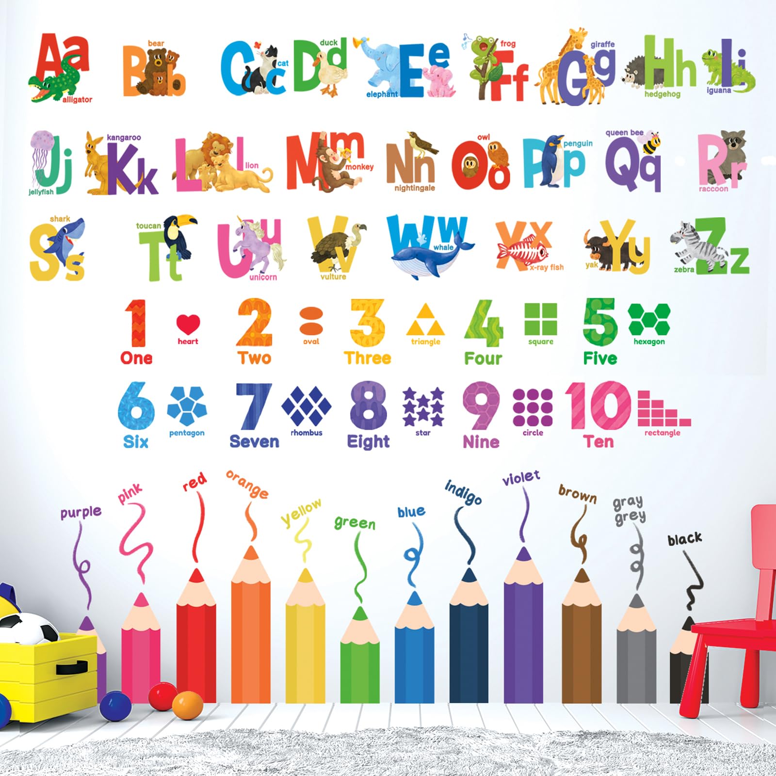 DECOWALL SG3-2316 Alphabet Numbers and Colouring Pencils Wall Stickers Decals Classroom Kids playroom Art Play Room Rainbow ABC Decorations Toddler
