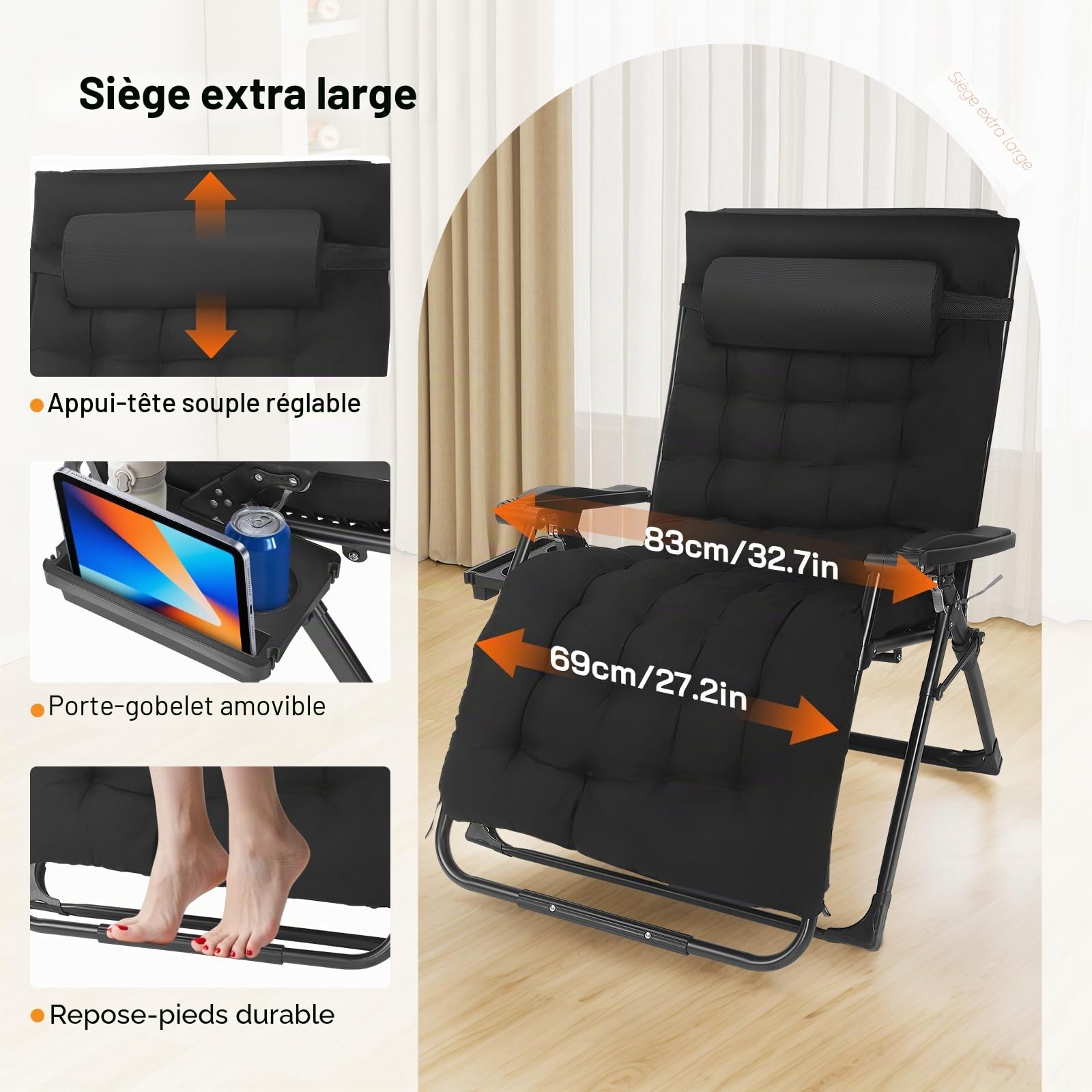 Chaise longue de jardin 2 en 1 pour l'extérieur, réglable de 90° à 170°, pliable, capacité jusqu'à 200 kg, coussin amovible, jardin/camping (83 cm noir)