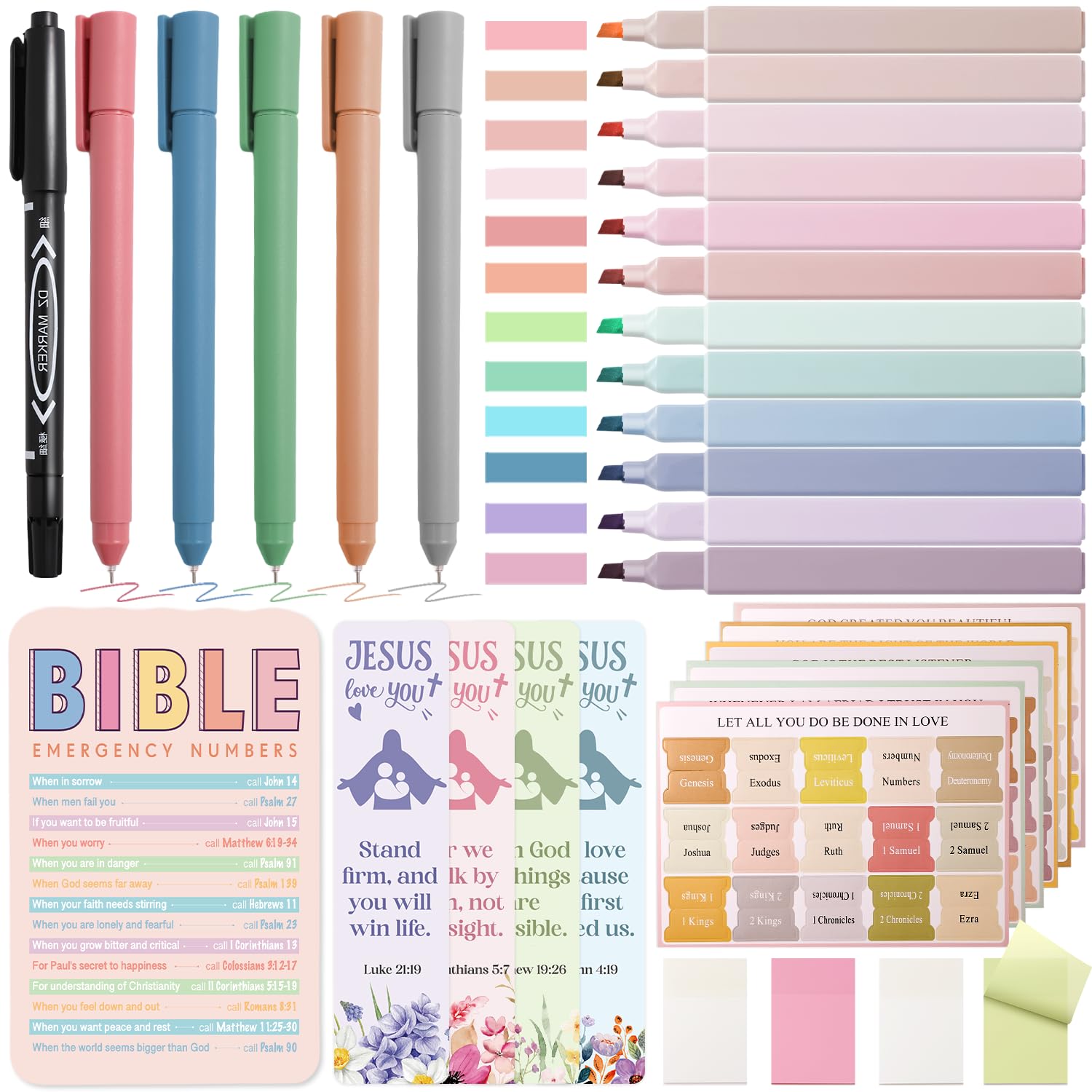 XKDOUS Bible Study Supplies Journaling Kit, Morandi Colored Bible Study Kit Journaling Supplies with 12 Pastel Highlighter and 90 Index Tabs Set, 5 Smooth Pens and More, Christian Gifts for Women