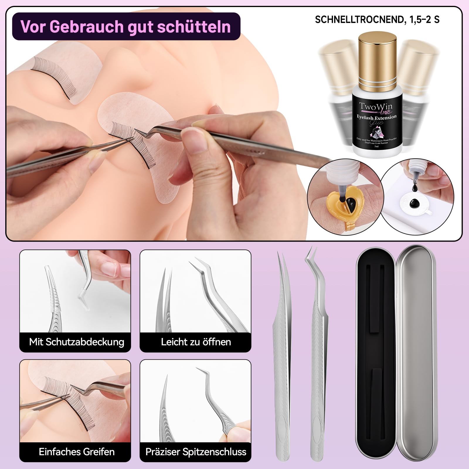 TwoWin Wimpernverlängerungs Set with 4 pairs Removable Eyelids, Eyelash Extension Kit, Professionelle Wimpern Mannequin Kopf Set, Wimpern Extensions Set, Wimpernverlängerung Starterset