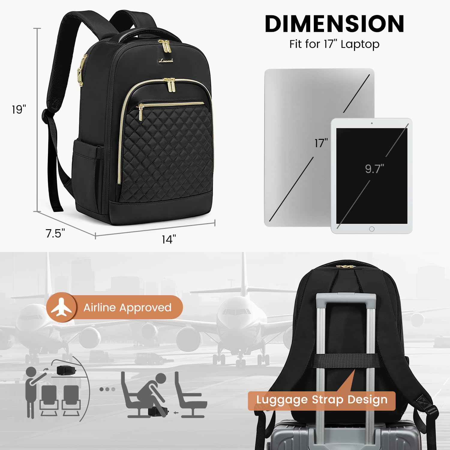 LOVEVOOK Laptop Backpack for Women Quilted Travel Backpack Purse with Anti-theft Zipper 15.6 Inch Black Computer Backpack Teacher Nurse Bag for Work Business College