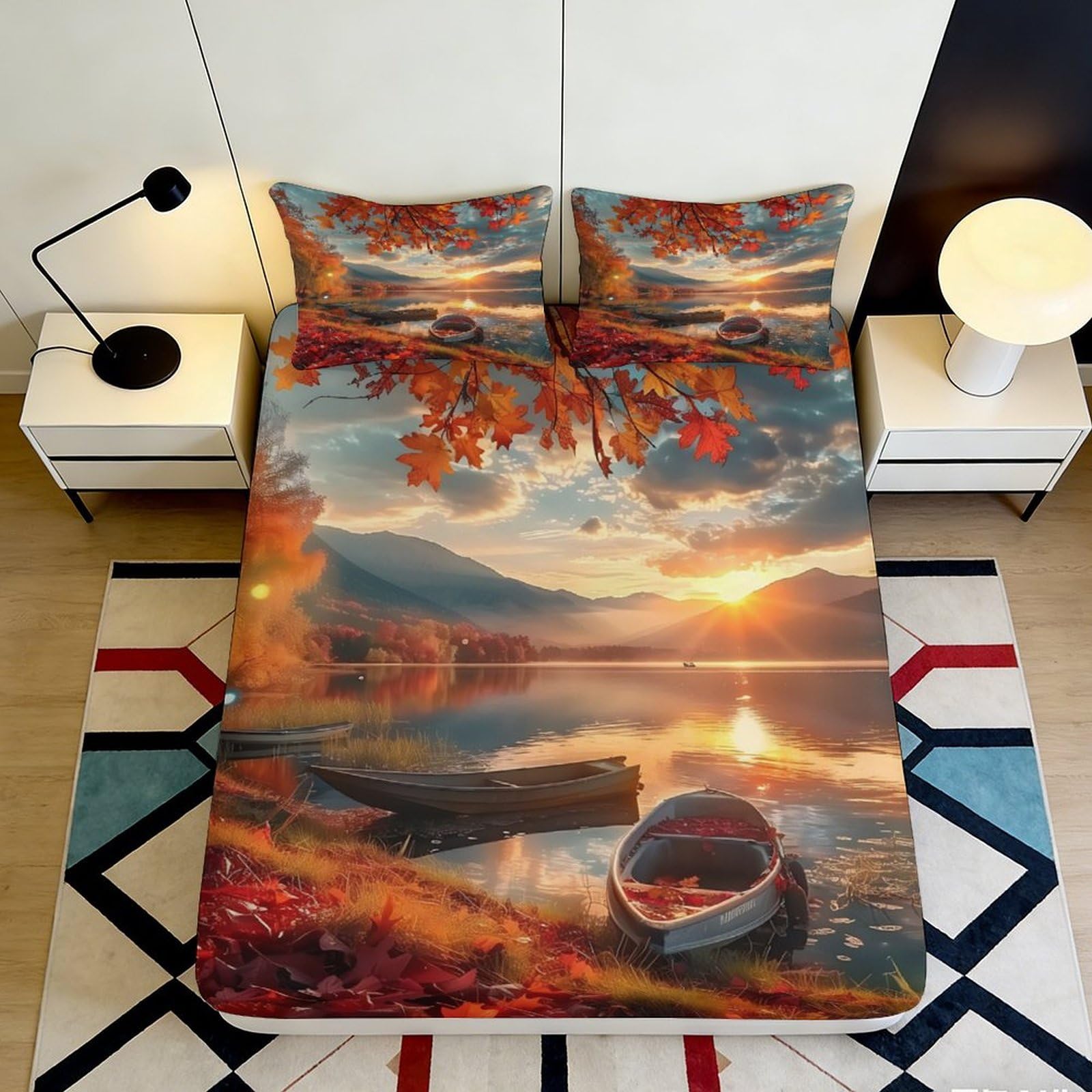 3D Printed Autumn Lake Sunrise Fitted Sheet Microfiber Soft Breathable Sunset Boat Bed Cover for Bedroom Guest Room Decor 140x200x25cm