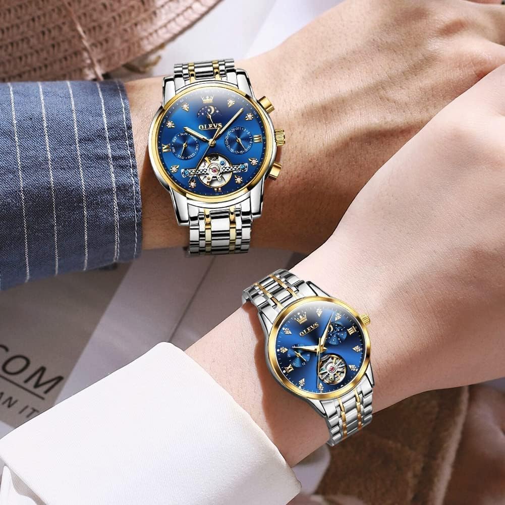 OLEVS Valentines Couple Pair Automatic Watches His and Her Couple Set Diamond Wrist Watch Men and Women Lovers Wedding Romantic Gifts Set of 2