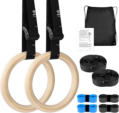 ZILLEEN Wooden Gymnastics Rings 1.25" Olympic Rings with Adjustable Straps for Pull Up Bar Exercise Men Gym Kids