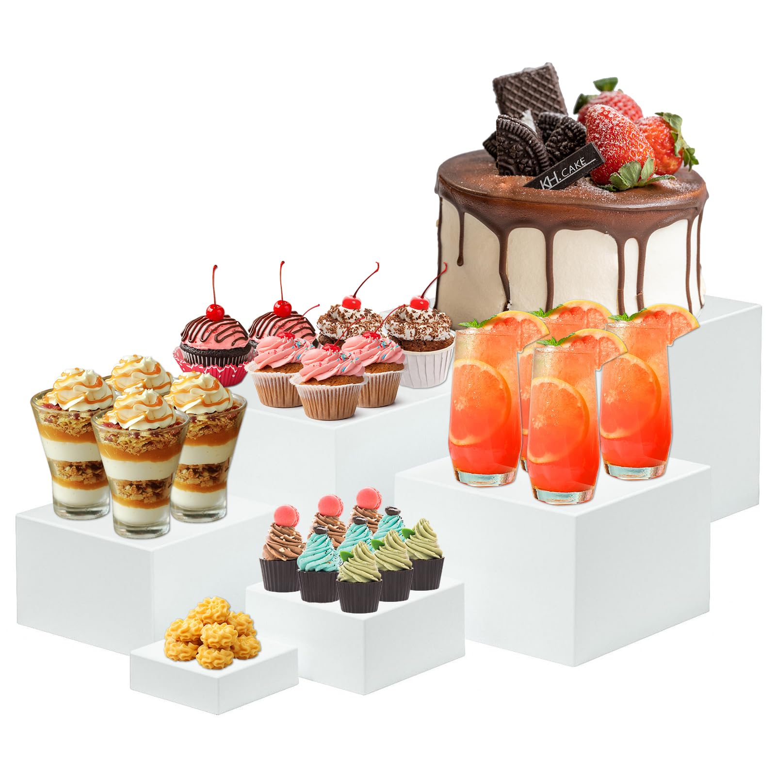 JAOGAUS Lot de 6 présentoirs de buffet en acrylique blanc avec fond creux, 3" 4" 5" 6" 7" 8" pour table de buffet, mariage, table de buffet, fête, objets de collection et bijoux