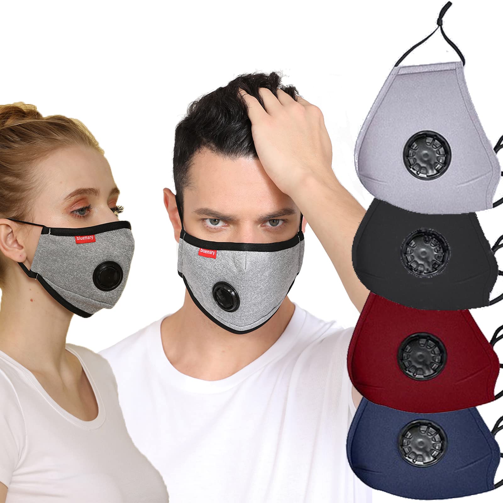 Bluemary 2-Pack Face Masks Reusable Washable,Breathable Cloth Face Mask With 4 Filter Lanyard For Women Men Outdoor Sports Running Workout ,2022 Upgrade Ear Loop Adjustable Mask For Adult,Gray