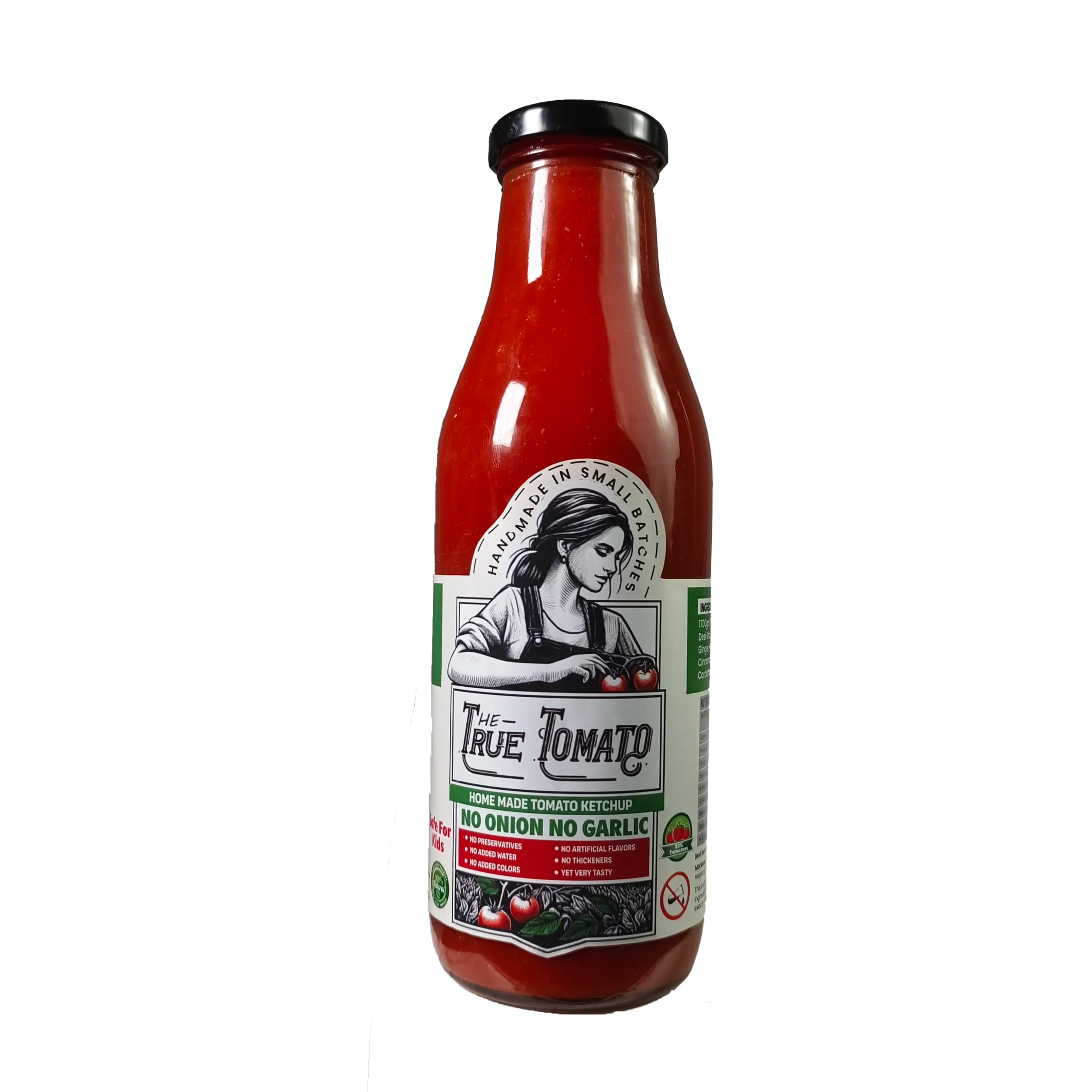 The True Tomato No Onion No Garlic Ketchup|Homemade And Made To Order|100% Natural|80% Fresh Tomatoes |No Chemicals,No Added Colors,No Oils,No Preservatives,No Thickeners (220 Gram,No Garlic Ketchup)