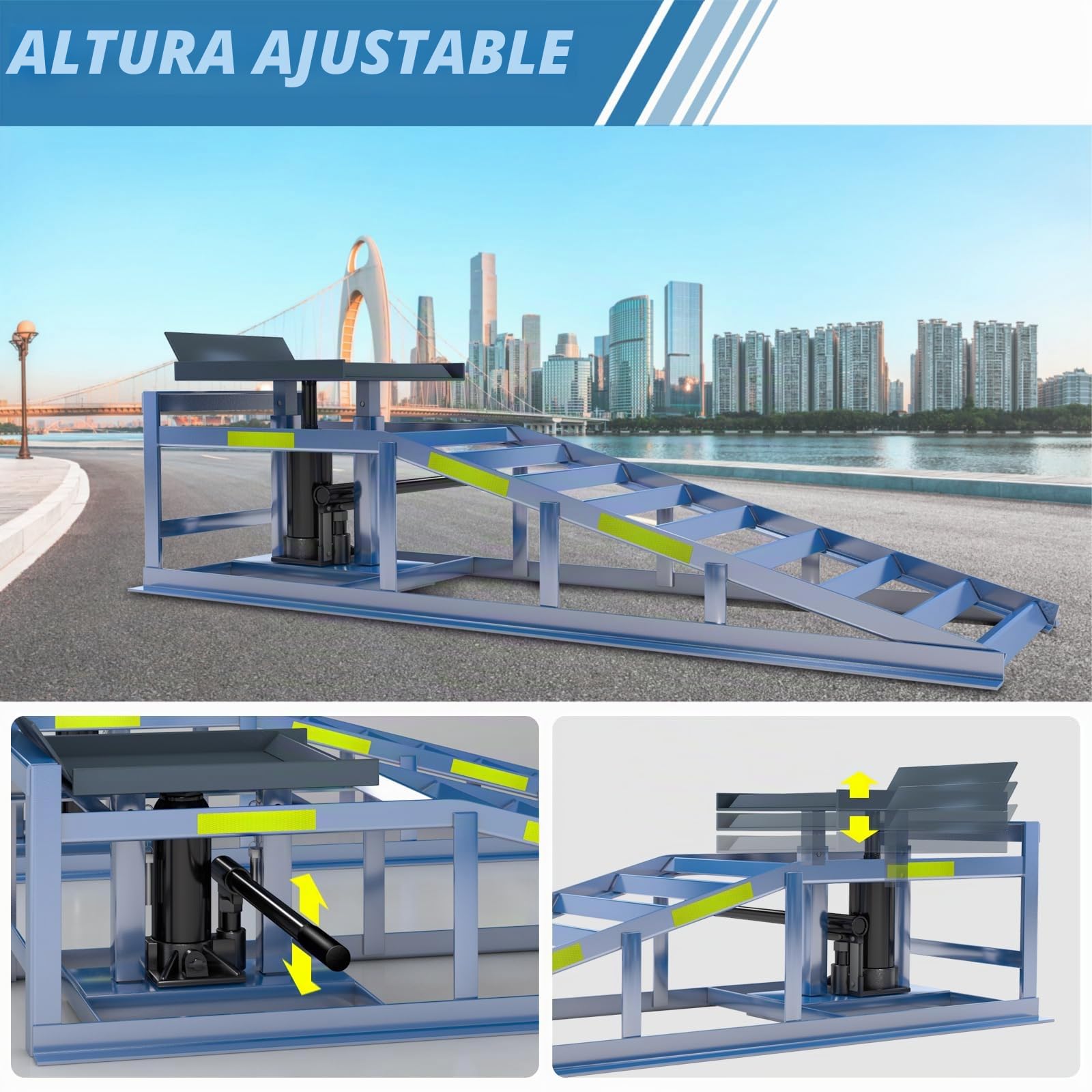 LARBANKE Rampa de acceso con gato hidráulico,5T vehículo de acero hidráulico rampa,Garaje Vehículo Elevador hidráulico con cinta adhesiva reflectante,Altura ajustable