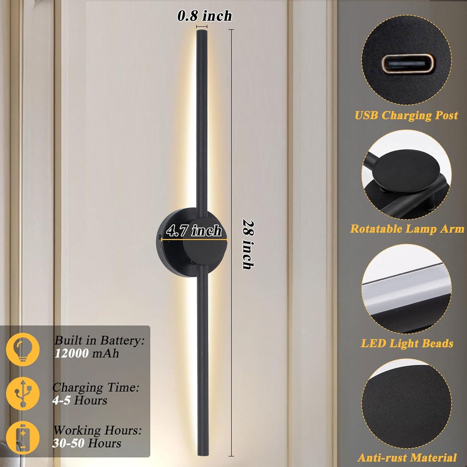 Ricaricabile Funzionato a Batteria Muro Sconces Set Di 2, Dimmabile Con Telecomando Nero Pieghevole LED Senza Fili Lampada Da Parete, Per Pranzo Soggiorno Camera Da Letto Corridoio Bagno Porta