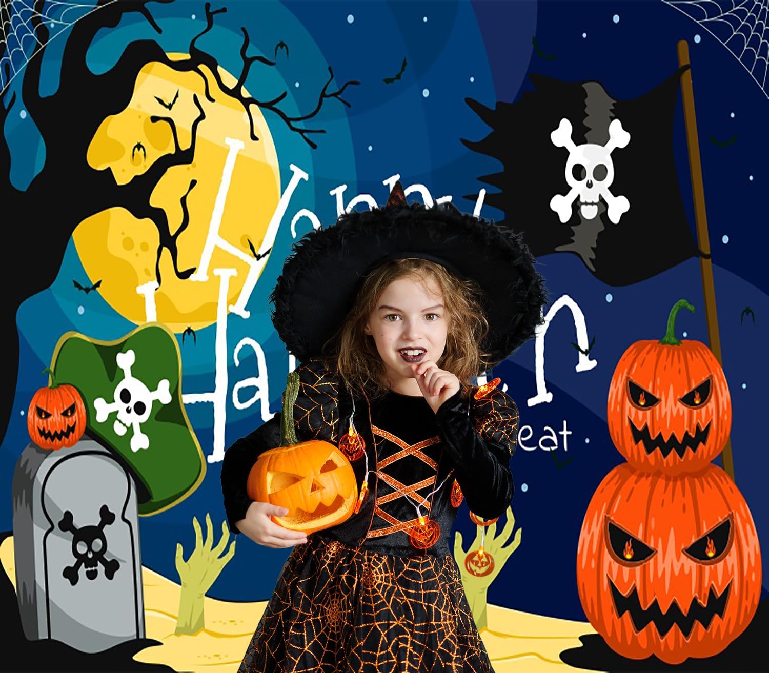 7x8ft Happy Halloween Cemetery Pirate Garage Door Decor Night Sky with Pumpkins Zombies Skull Symbols Pirate Flag Garage Door Cover Indoor Outdoor Festive Background Decor