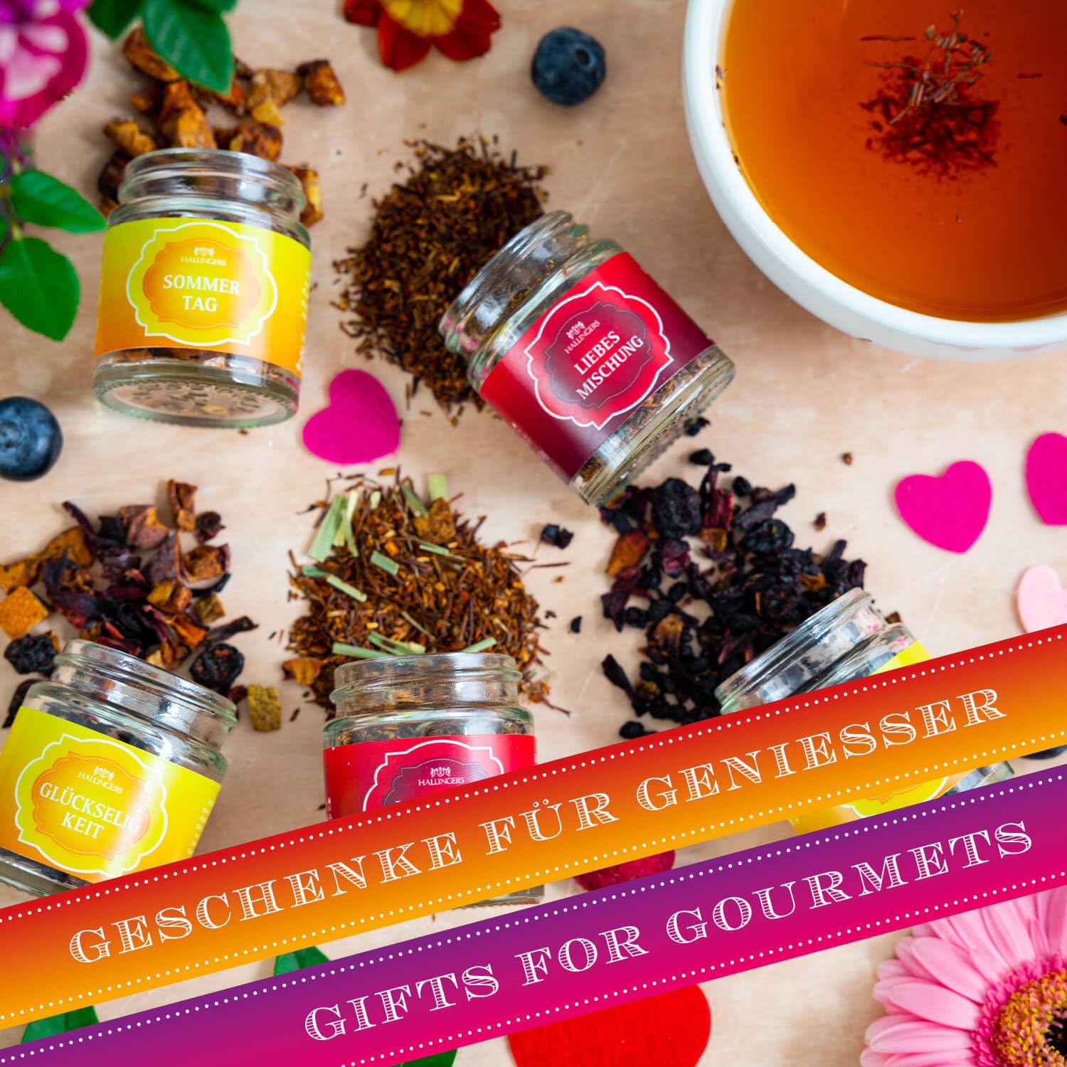 Hallingers Genuss Manufaktur Tee Geschenk-Set - 5 Sorten premium loser Tee Probierset in edler Geschenkbox mit Rezept-Booklet "Früchtekorb", Geschenkidee für Frauen Männer