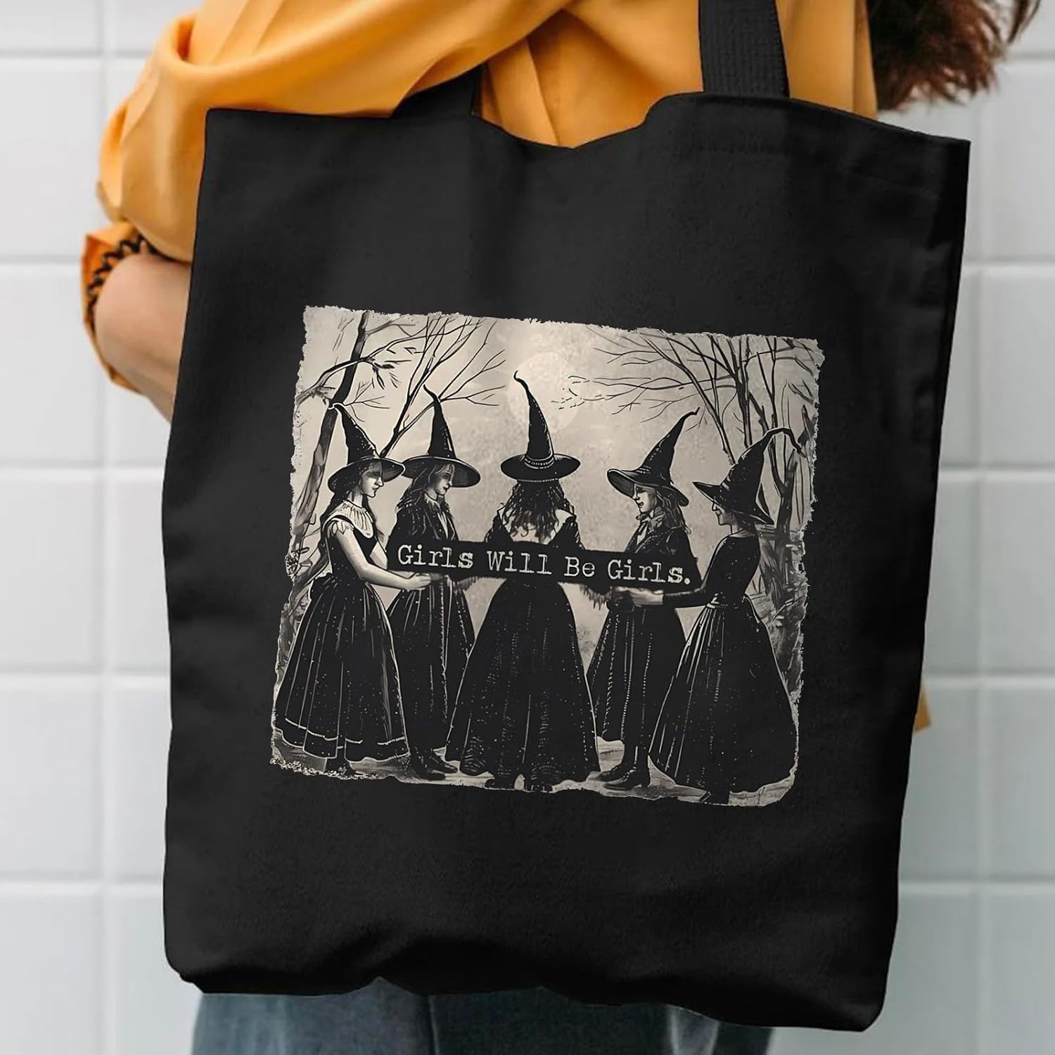 Kimoli Aesthetic Witchy Canvas Tote Bag for Women Funny Witchy Gifts for Women Cute Girls Will Be Girls Canvas Bag Spooky Reusable Beach Shoulder Grocery Casual Bag for Work Travel, Black