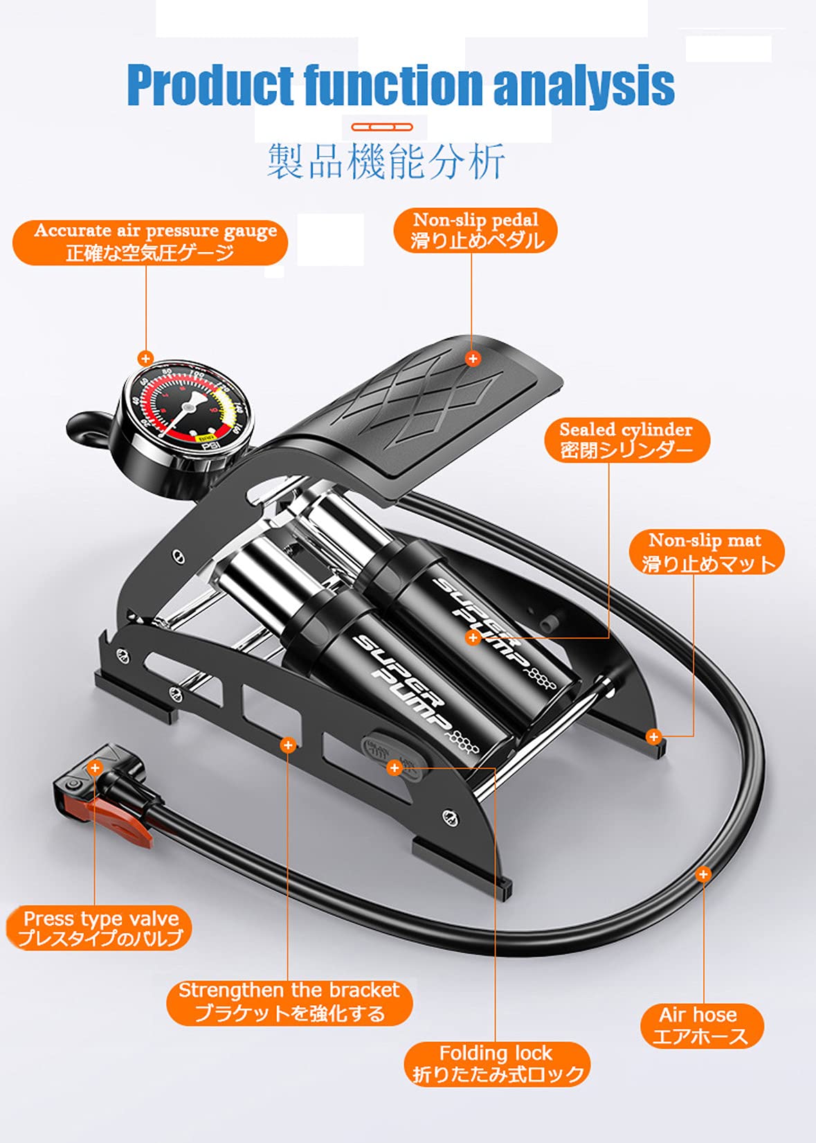Moto Bomba de pie con manómetro Exacto y la válvula Inteligente, portátil de Doble Cilindro de Suelo de la Bomba de Aire del neumático de Bicicleta, Motocicleta, Coche