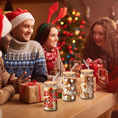 Miniatura 4 de Juego de 12 Vasos de Navidad con Tapa de Bambú y Popote de Vidrio 16 oz Vaso de Navidad Vaso para Cerveza Café Helado Tazas de Beber para Mujeres