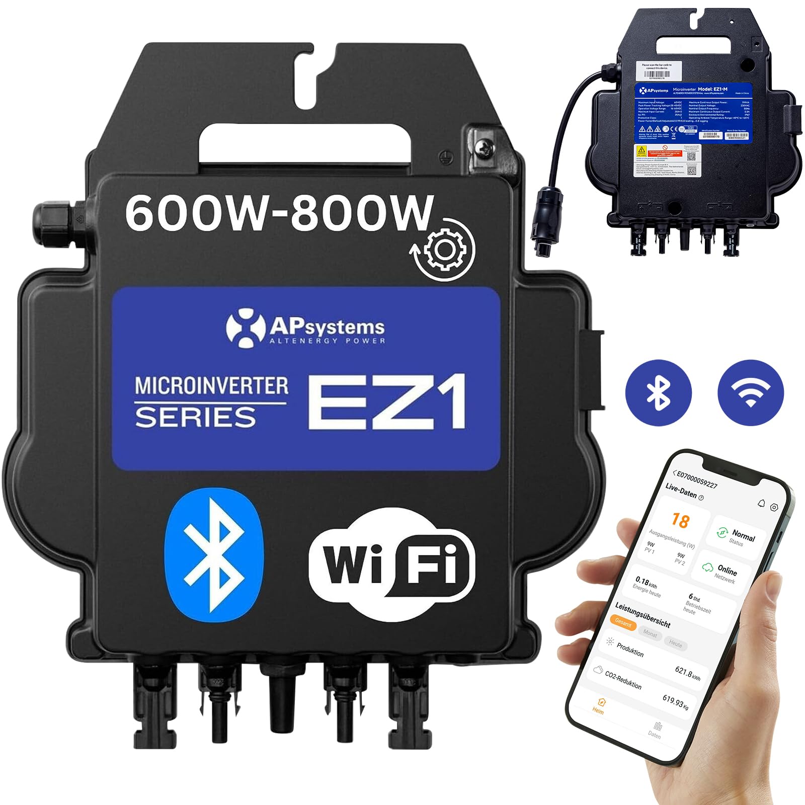 Inverter EZ1-M, 600 W/800 W, aggiornabile, con WiFi integrato e monitoraggio Bluetooth, micro inverter per impianto elettrico da balcone (EZ1-M-800 W)