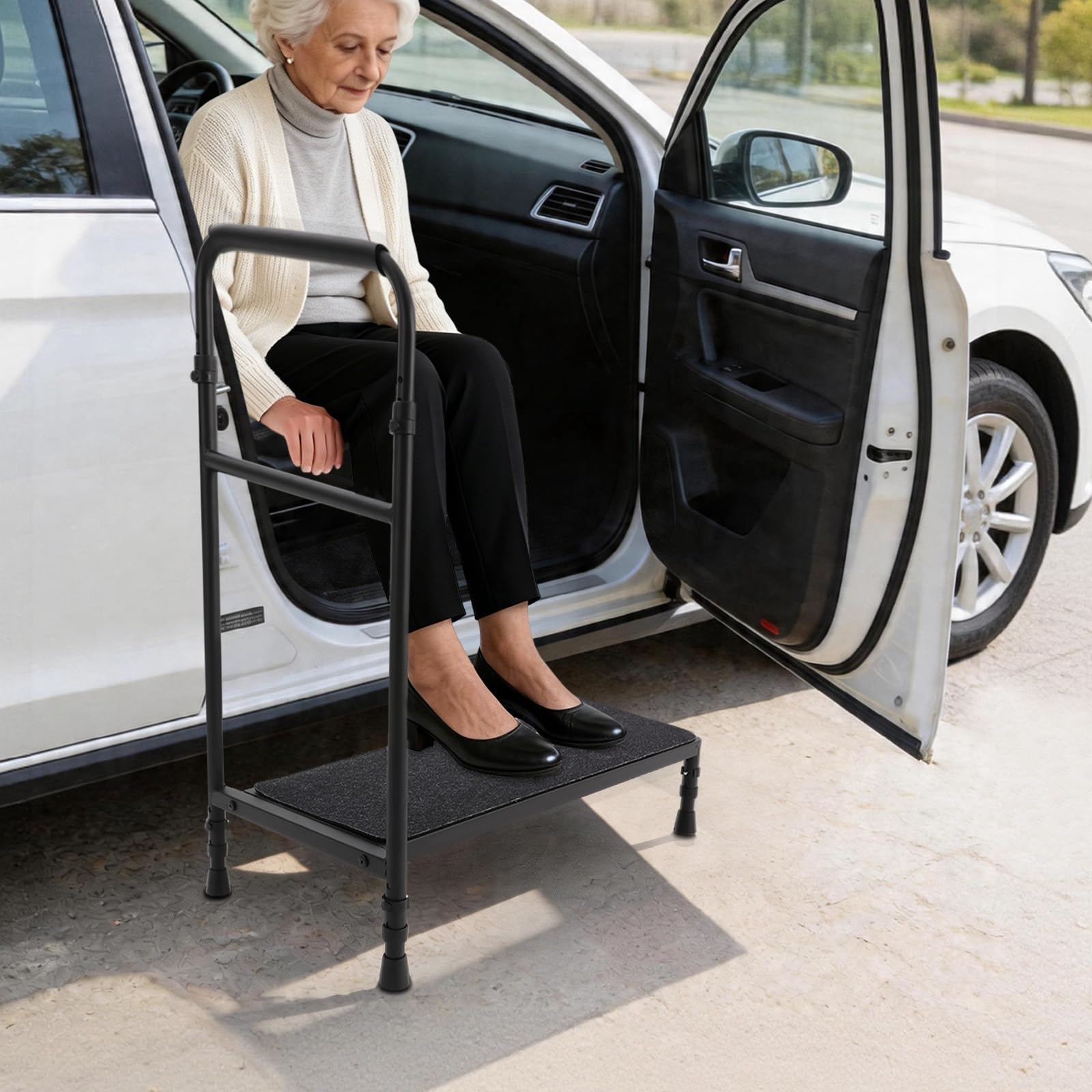 Scalino mobile di sicurezza per anziani, antiscivolo, 1 gradino, con corrimano regolabile, portata fino a 150 kg, ideale per vasca da bagno, letto e veicolo (nero)