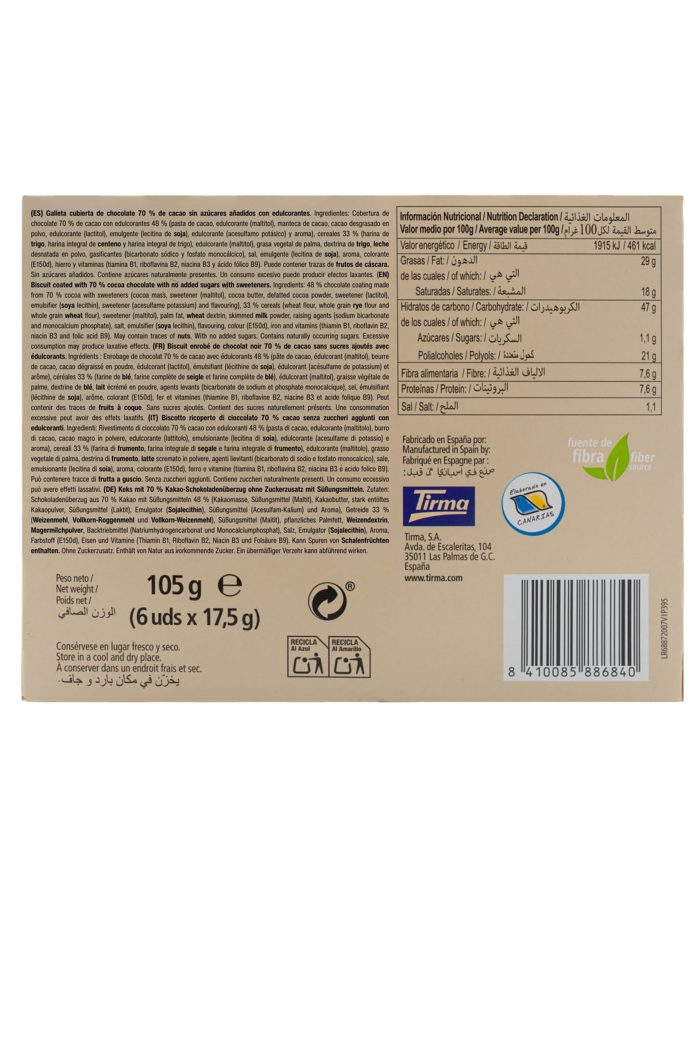 Tirma Snack Be-Zero Galletas Crujientes Cubiertas de Chocolate 70% Cacao Sin Azúcares Añadidos 80 kcal Pack 6 Unidades