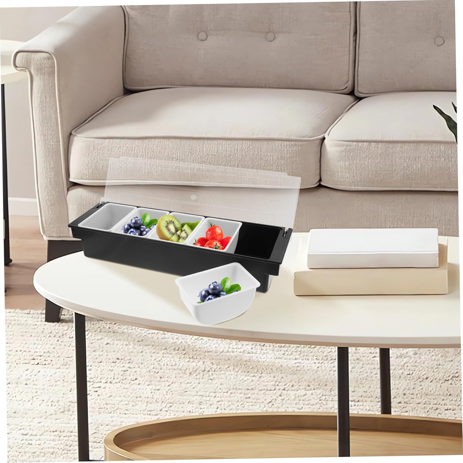 ABOOFAN Ice Cooled Fruit and Snack Organizer Removable Compartments Plastic Condiment Container for Parties Bars and Home Use