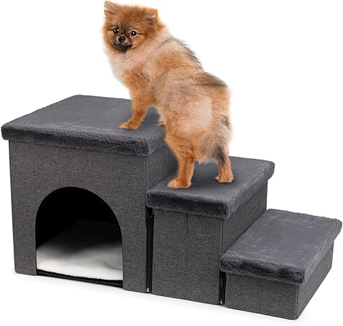 Hollypet Escaleras para perros pequeños, medianos y grandes con almacenamiento y escalones ajustables, escalones plegables para camas altas y sofá,