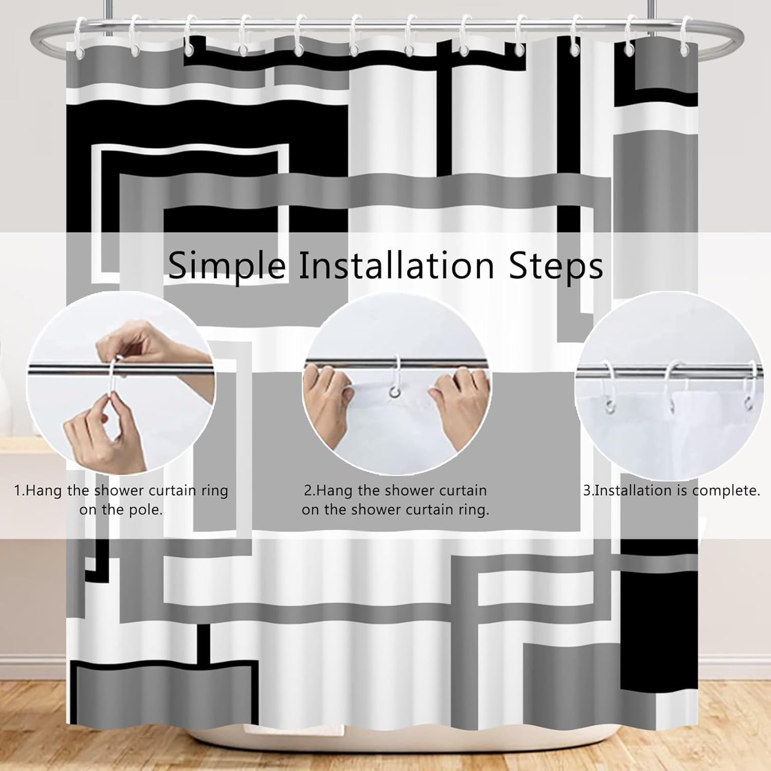 Renaiss 72x84 Inch Modern Geometric Shower Curtain Black and Grey Abstract Geometric White Shower Curtain for Modern Bathroom Decor Fabric Cloth Polyester Waterproof Set with Hooks