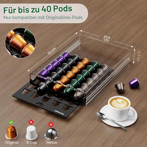 40 Pod Coffee Capsule Storage Drawer Compatible with Nespresso Original Pod