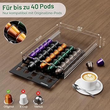 40 Pod Coffee Capsule Storage Drawer Compatible with Nespresso Original Pod