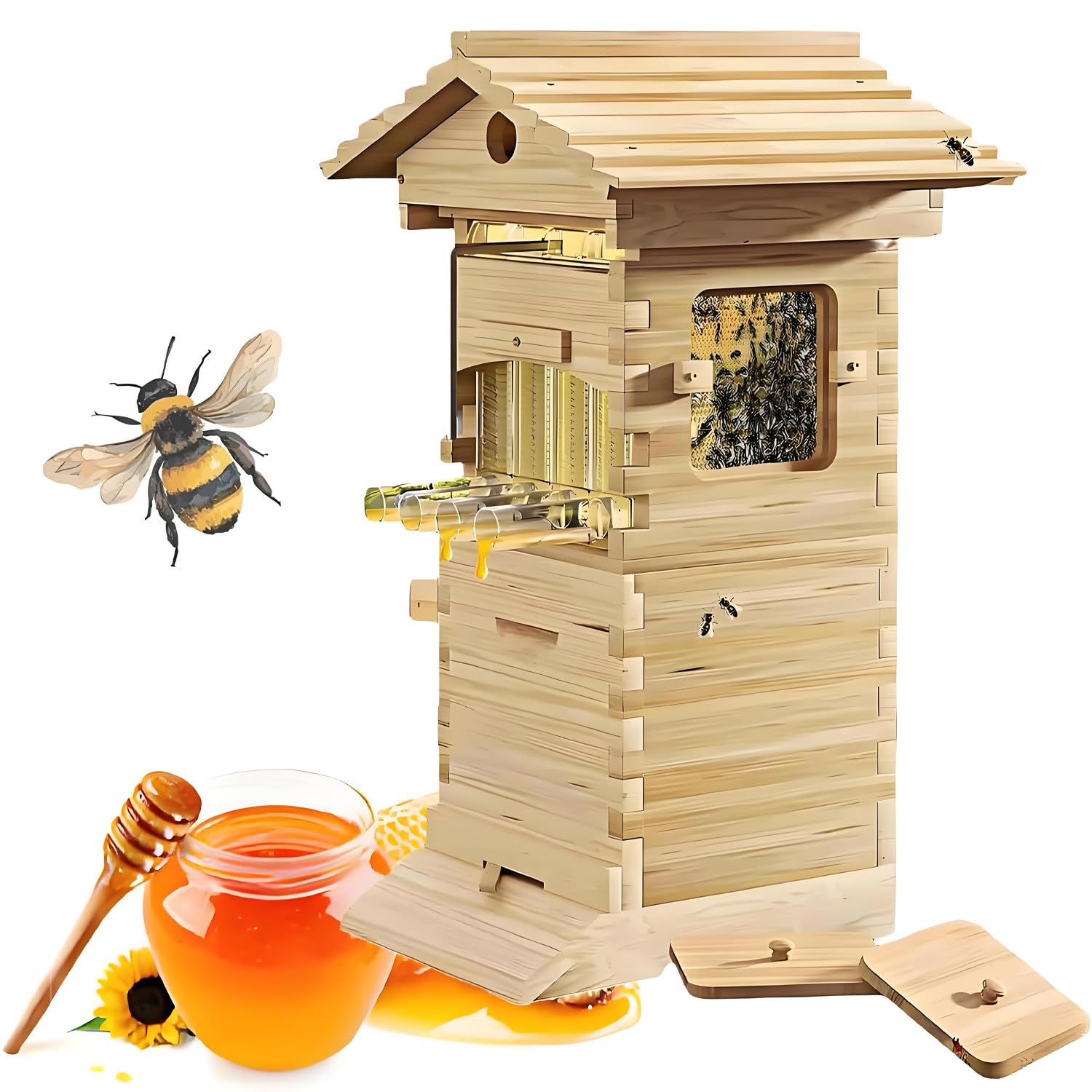 Kit di avviamento per Apicoltura, arnia in Legno autoportante, Scatola per api Completa con Finestra di osservazione e beccuccio per Il Miele, per Apicoltura e impollinatori da Giardino.