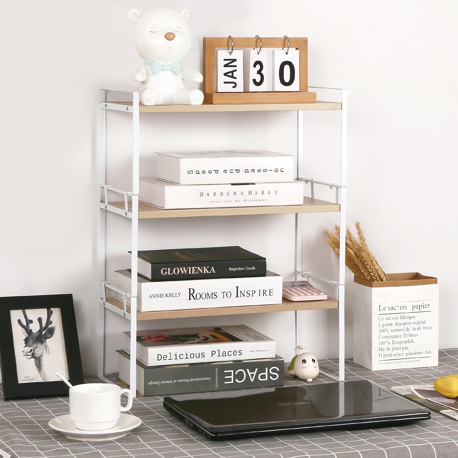 Schreibtischregal aus weißem Holz – niedliche Kommode, Top-Organisation, Aufbewahrung und Kabinendekoration, ästhetisches Bücherregal für Damen, Herren und Kinder