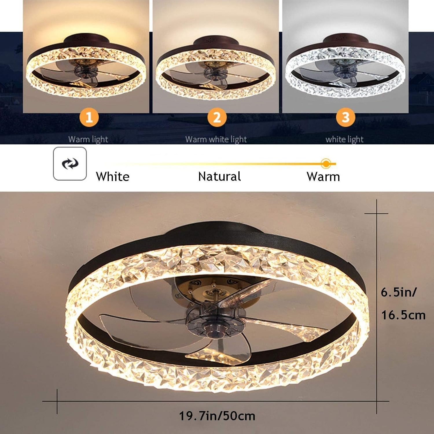 PSHRFANST 19.7 inch Ceiling Fan with Lights, showing different light temperatures and dimensions.