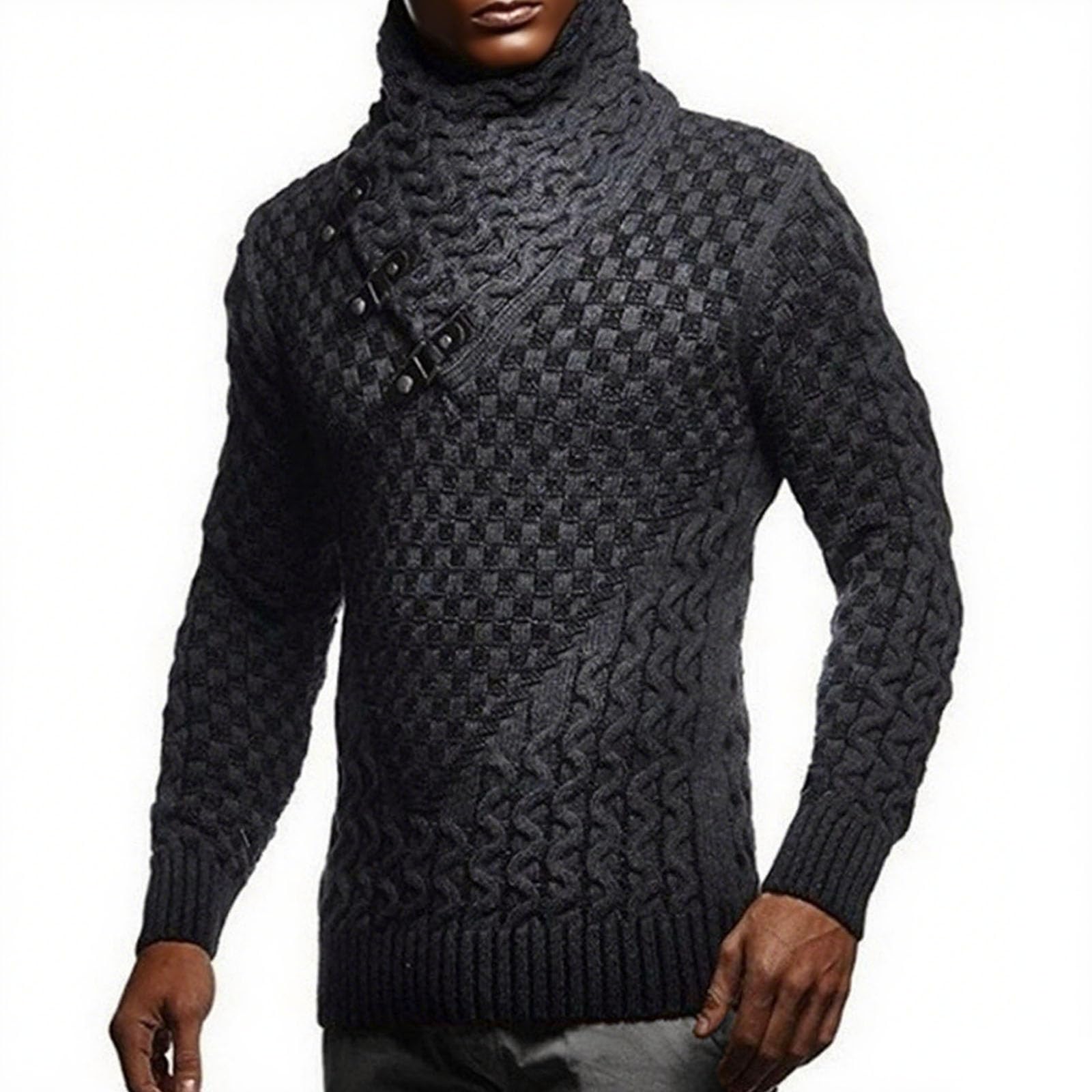 Maglione da uomo a collo alto a maniche lunghe in maglia con collo a scialle | Slim Fit Designer,Felpa di base,Collare con fibbia in pelle sciarpa,Maglione vestibilità regolare per l'inverno