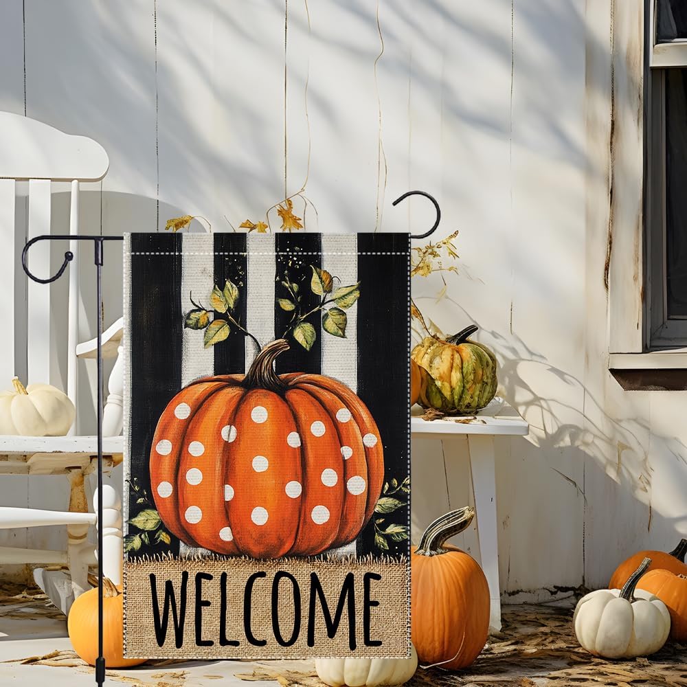 Welcome Fall Garden Flag Polka Dots Pumpkin Thanksgiving Garden Flags For Outside Burlap Decor, Double Sided Vertical Autumn Decor Patio Lawn Yard Outdoor Decoration 12x18 Inch - Image 2