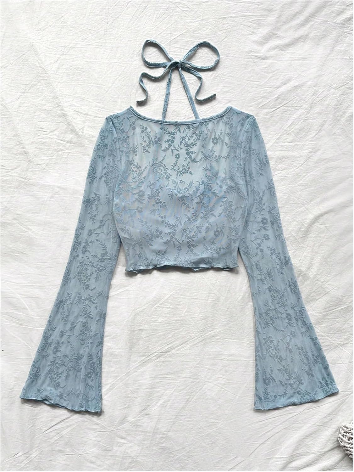 Floerns Women's Plus Size Floral Bell Sleeve T Shirts Halter Neck Ruched Y2k Crop Tops - Image 2