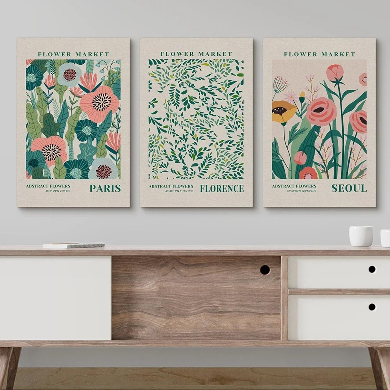 Zbello 1 Set Of 3 Posters, Aesthetic Colourful Flower Posters, Abstract Green Flower Stylish Aesthetic Decorative Canvas Prints, Bedroom Wall Art And Posters, Unframed (50X70cm)