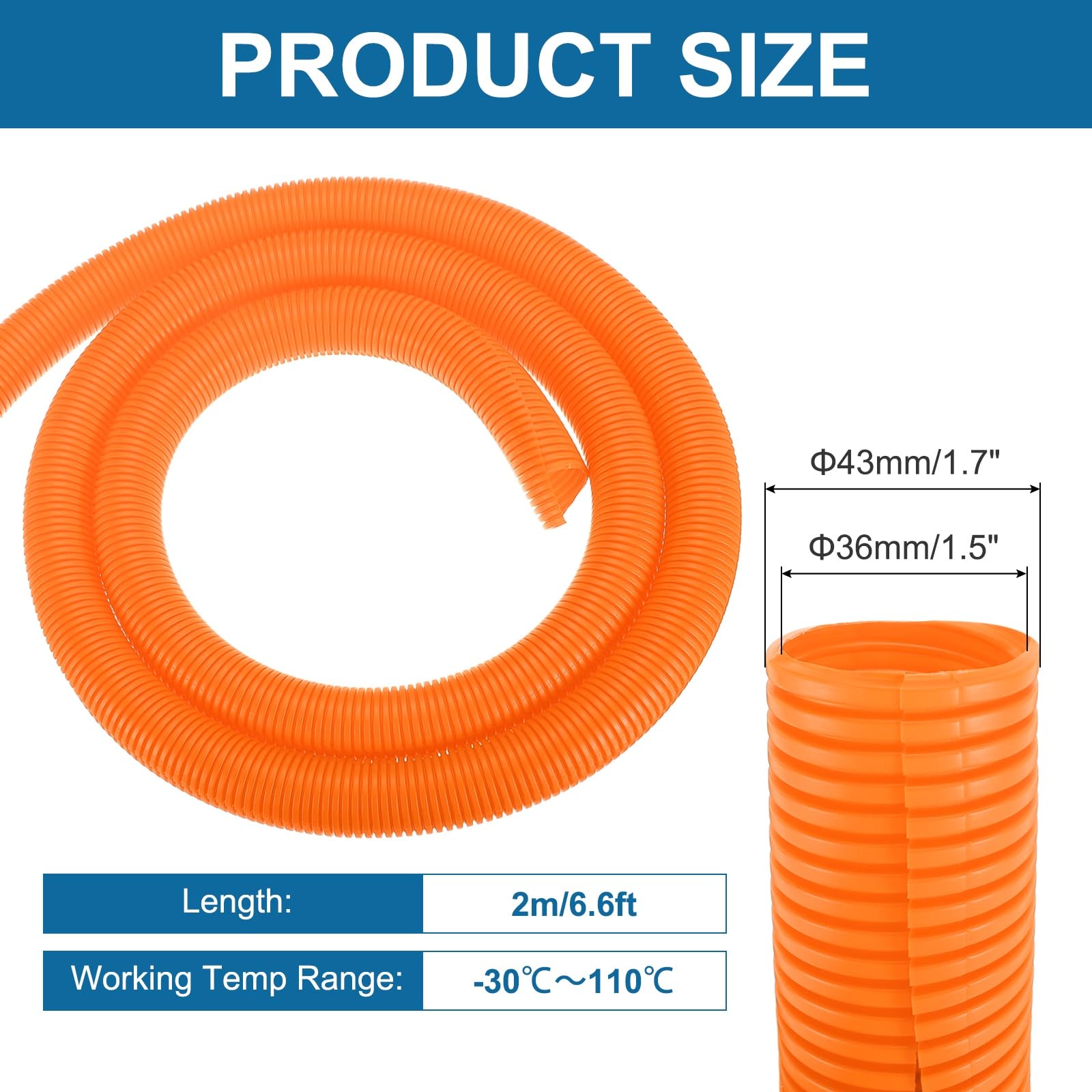 sourcing map Tube flexible de 3,8 cm de diamètre avec outil d'installation - Gaine de gestion de câbles pour le bureau, la maison, les câbles électriques et automobiles, orange