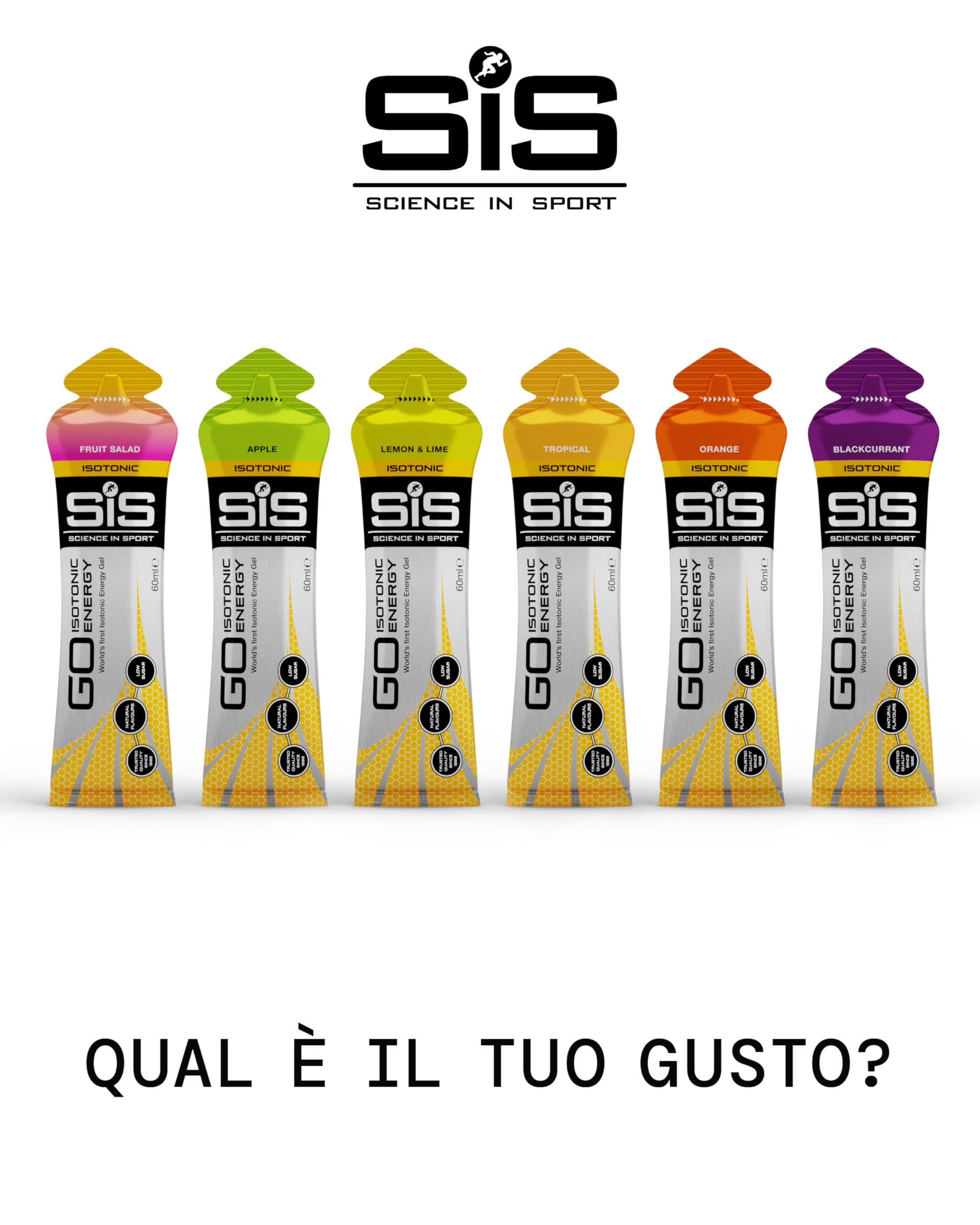 Science in Sport GO Energy Gel isotonico 30x60ml Frutti tropicali, Vegan - Formula isotonica con 22g di carboidrati, Buon apporto di energie, Ottima alternativa ai drink isotonici