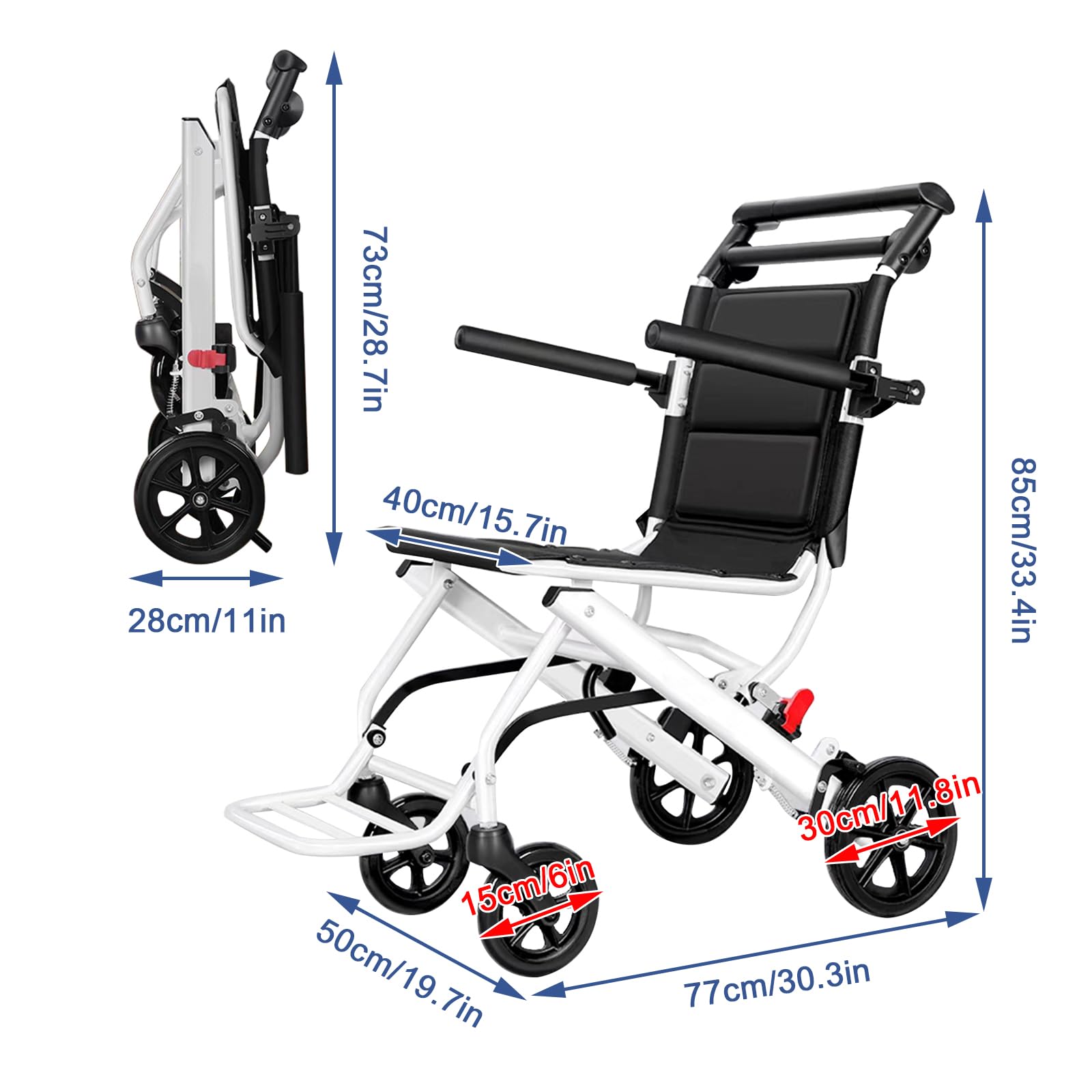 Silla de Ruedas Plegable Ultra-Ligera de Aluminio con Freno para discapacitados y Mayores,Silla de Ruedas de Aluminio para Viajes, Silla de Ruedas de tránsito(Rear Wheel 30cm/11.8in)