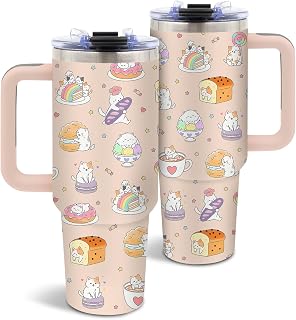 DUUV Cute Cat Tumbler 40oz, Insulated Pastel Cat Gift for Women Girl | Cats Lover Tumbler Leakproof, Cats Lover Gifts for Friend, Donut Print Mug, Chrismas Birthday Ideal Gift, 1 Pack