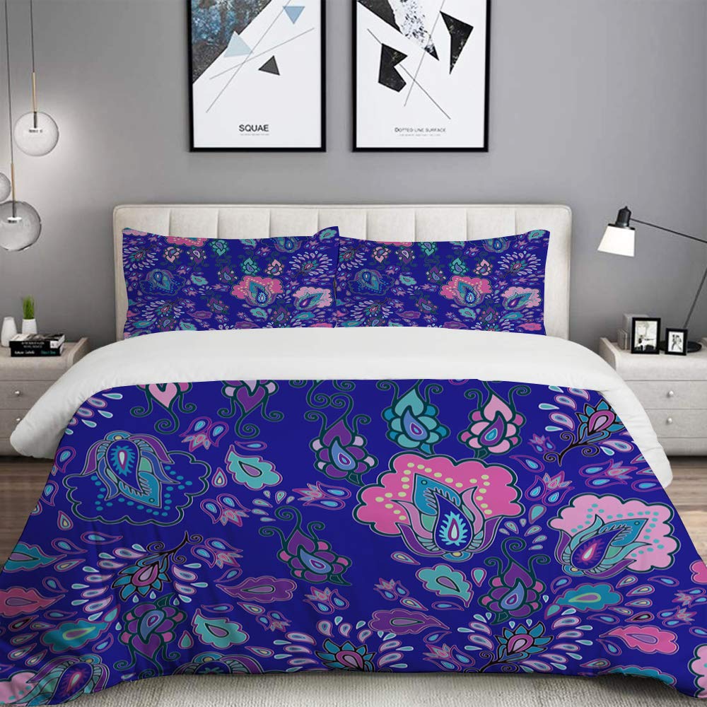 MOBEITI Bedding Duvet Cover set, Paisley Floral Pattern Carpet Moroccan Turkish Indonesia Japanese Batik Daisy, Microfibre Duvet Cover set 200 x 200cm with 2 Pillowcase 50 X 80cm