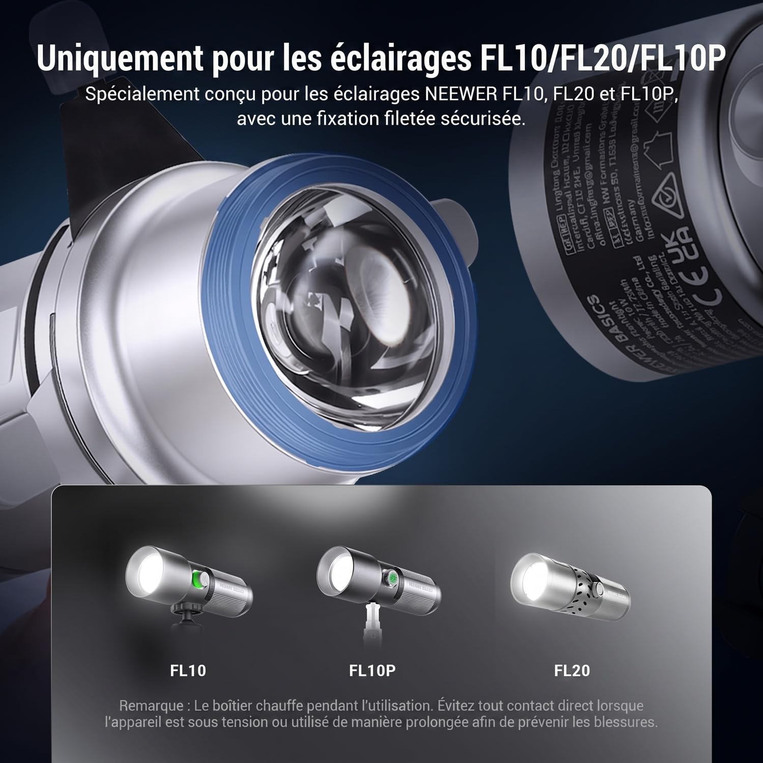 NEEWER Basics Snoot Optique Conique Spotlight Uniquement pour Lampe Torche FL10/FL20/FL10P, Projecteur 4 Fois Plus Lumineux avec Mise au Point Réglable,Angle Faisceau de 30°, 20 Gobos Métallique,LS01
