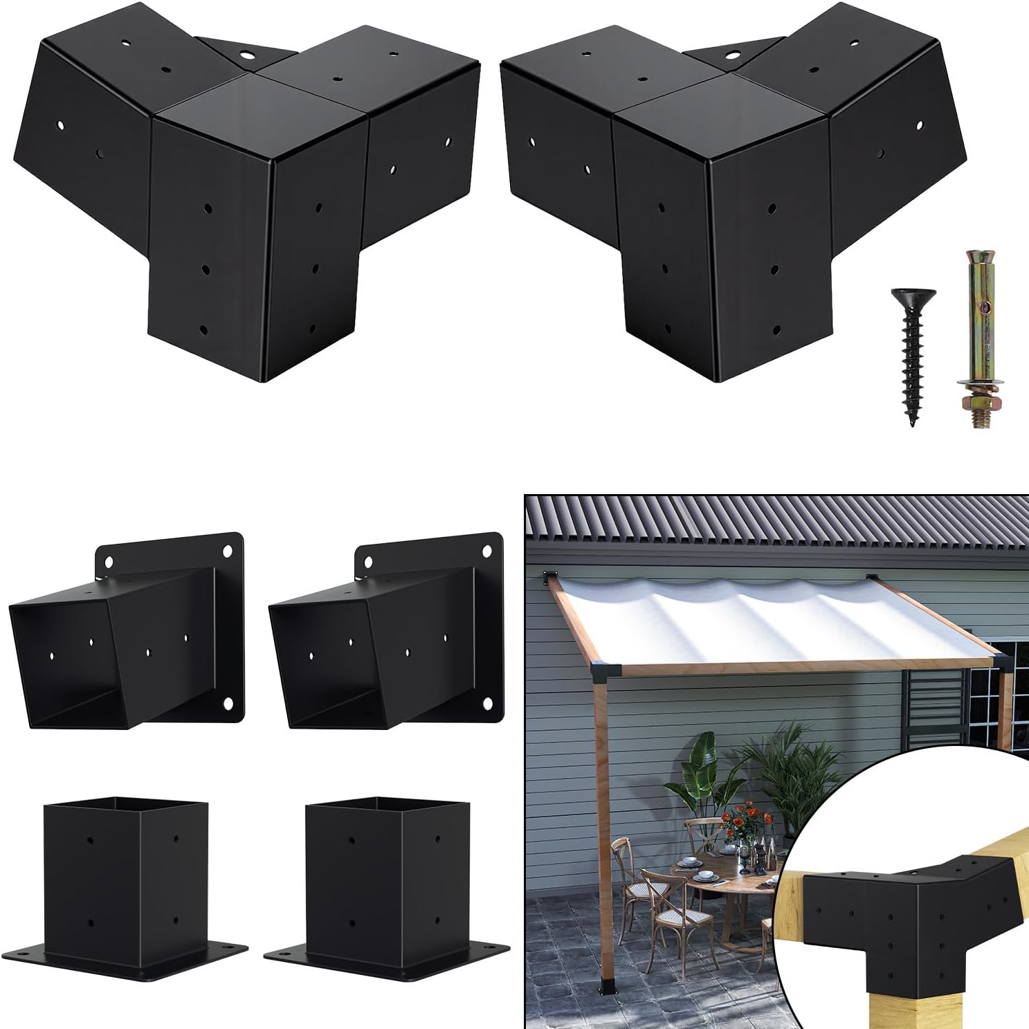 2 Pack 15° Slanted Pergola Bracket Kit, 3-Way Roof Wall Mount Pergola Set with Post Base for 4"x4" Posts for Gazebos, Patio Pergolas, Log Cabin(Set of 6)