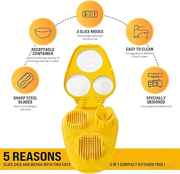 3-In-1 Egg Slicer, Yellow | Stainless Steel, Heavy Duty, For Hard Boiled Eggs, Fits Strawberry Apple Banana Cherry Tomato